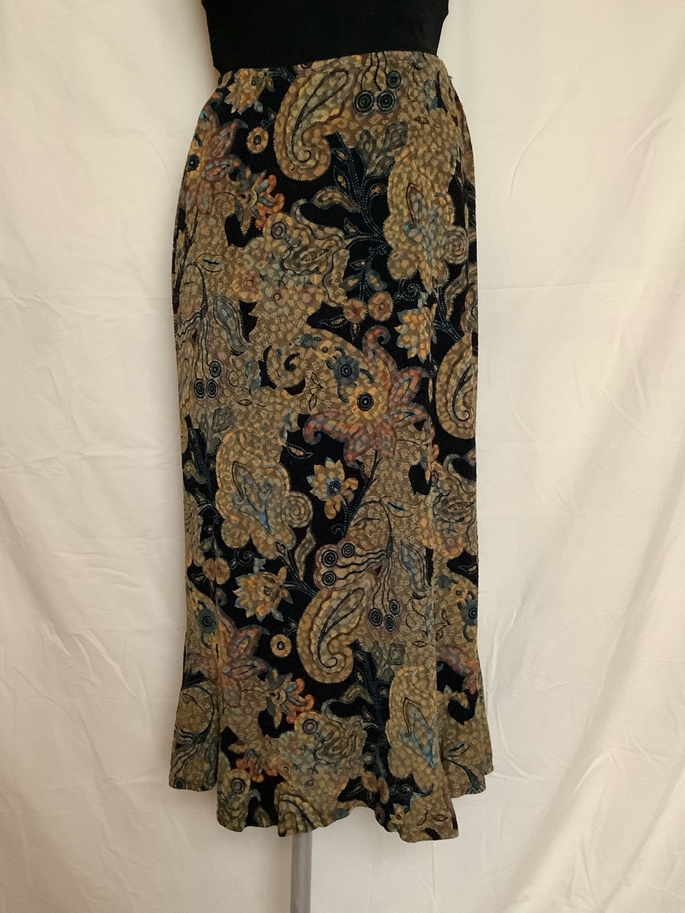 West End Stretch Knit Maxi Skirt-Black Gold Aqua Paisley Pattern-Elastic Waist-M